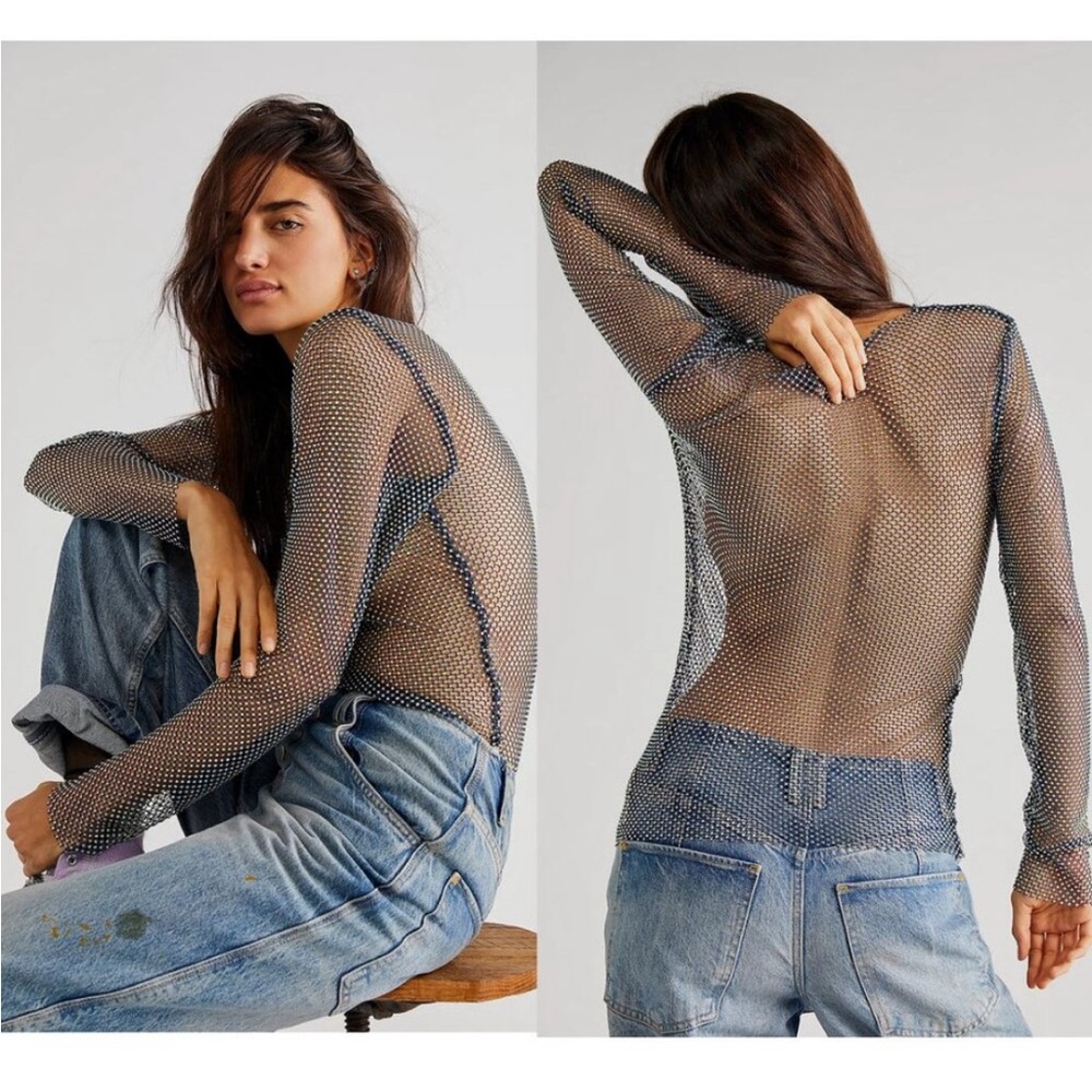 Free People Filter Finish Long Sleeve Sheet Rhinestone Mesh top NWOT